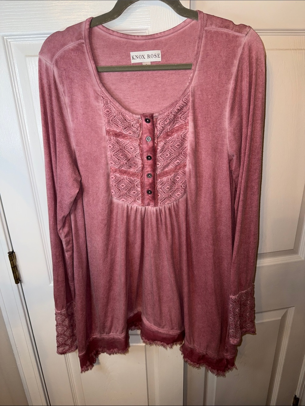 Knox Rose Mauve Lace-Trim Long Sleeve Scoop Top